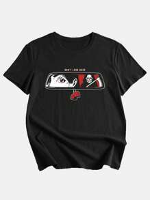 Deniart Grunge Punk Slogan Figure & Skull Graphic Tee With DON'T LOOK BACK Print, For School - Black - View 1