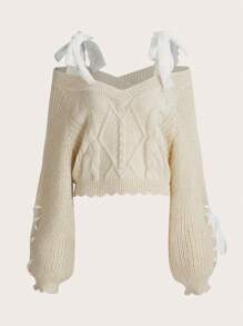 ROMWE Kawaii Himekaji Cable Knit Lace Up Cold Shoulder Sweater, School - Apricot - View 1