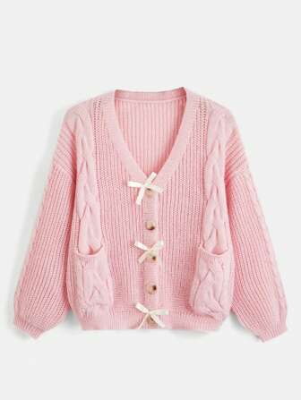Kawaii Himekaji Cable Knit Bow Front Lantern Sleeve Cardigan, School