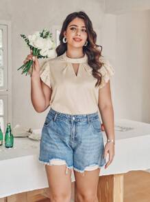 SHEIN Franclia 大码蕾丝细节盖袖衬衫 - 杏色 - 查看 5