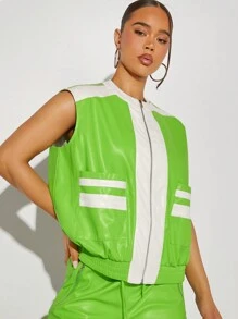Hauture Colorblock PU Leather Zip Up Vest - Multicolor - View 1
