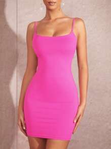 SHEIN BAE Vestido cami mini ajustado sin espalda de color rosa brillante y sólido para damas, ideal para el verano - Rosa Fucsia - Ver 3