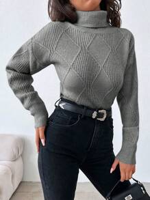 SHEIN Cottnline High Neck Drop Shoulder Sleeve Sweater - Grey - View 2