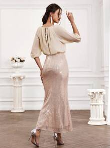SHEIN BAE Vestido De Dama De Honra Com Patchwork Brilhante, Bainha De Sereia E Mangas De Lanterna - Champagne - Ver 2