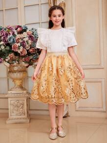 SHEIN Tween Girl Elegant Organza Ruffle Trim Blouse & Embroidered Mesh A-Line Skirt Two Pieces Set - Gold - View 5