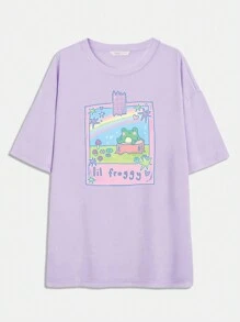 Tiggtactoe Kawaii Camiseta de hombros caídos con diseño gráfico de rana con letra, para la escuela