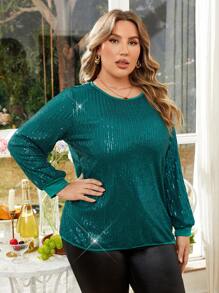 Allurite Chemise À Manches Longues Scintillante À Col Rond Pour Femmes Grande Taille