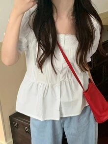 女士纯色方领短款泡泡袖衬衫 - 白色 - 查看 4