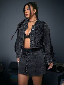 SHEIN ICON Kích thước lớn Vòng cổ Nút phía trước Áo khoác denim Với Flap túi Và Frayed Cạnh - màu đen - Xem 4