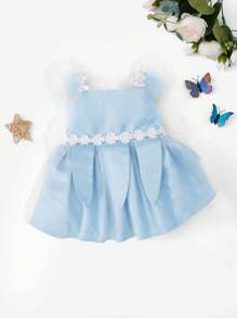 SHEIN 嬰兒女寶寶可愛花卉刺繡網紗雙層蓬蓬裙 - 藍色 - 查看 2