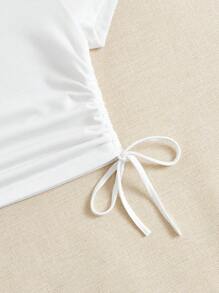 Soleia 白色休閒簡約風格圓領短袖女士t恤,帶有棕櫚樹和字母印花,緊身款式和側邊套繩,非常適合度假 - 白色 - 查看 5