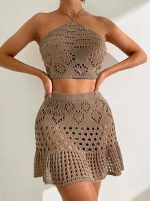 SHEIN Swim 女式單色中空針織遮陽衣套裝 - 駝色 - 查看 8