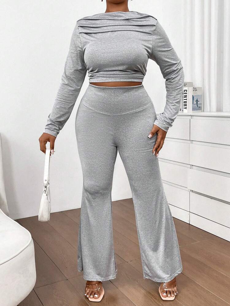 Plus Size Ladies' Fold-Over Long Sleeve T-Shirt And Flare Pants Casual Two-Piece Set