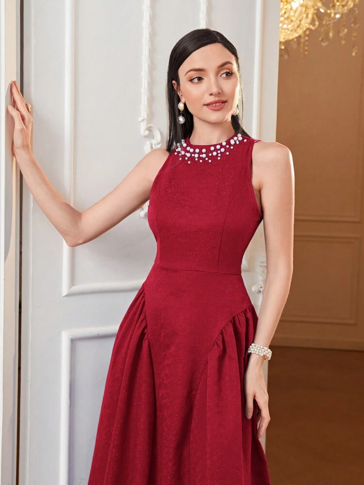 Burgundy Red Women's Sleeveless Beaded Decor Waist-Cinching Dress Long Evening Dresses