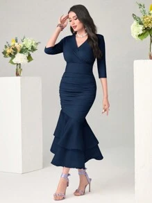 Modelyn Vestido ajustado y ampón de unicolor con cuello en V, dobladillo con volante y vestido de cola de pez para vestidos largos de noche - Azul Marino - Ver 3