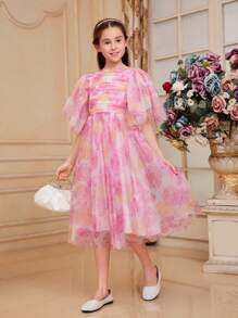 SHEIN Leap Crew Tween Girls' Cute Floral Print Mesh Dress With Round Neckline, Exaggerated Ruffle Sleeves - Multicolor - View 6