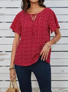 EMERY ROSE Camisa De Mujer De Manga Corta Con Lunares Rojos, Mangas De Volantes Y Nudo En La Cintura Para Vacaciones En El Campo, Verano - Multicolor - Ver 2