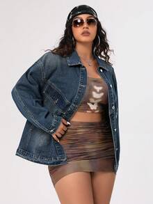 SHEIN ICON Của phụ nữ Kích thước lớn Tay áo dài Retro Denim mùa giặt Áo khoác denim - Rửa tối - Xem 4