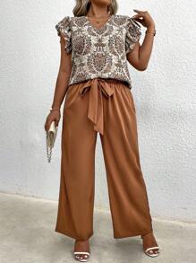 SHEIN LUNE Top imprimé floral de style bohème avec encolure V et manches à volants et pantalon droit ample, style décontracté pour l'été, grande taille