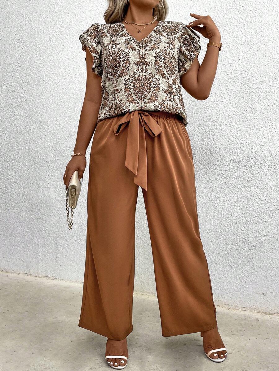 SHEIN LUNE Top imprimé floral de style bohème avec encolure V et manches à volants et pantalon droit ample, style décontracté pour l'été, grande taille