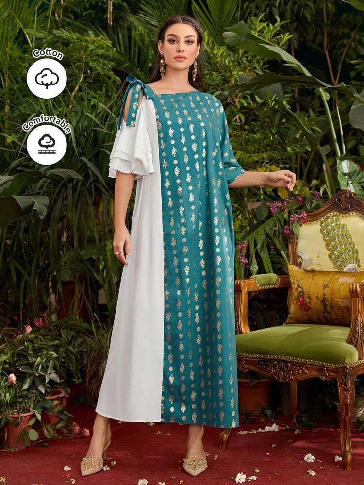 Women'S Color Block Patchwork Dress With Asymmetrical Collar, Foil Print