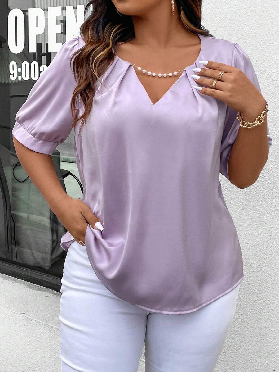 SHEIN Privé 大尺碼純色假珍珠裝飾短袖衫 - 淡紫色 - 查看 1