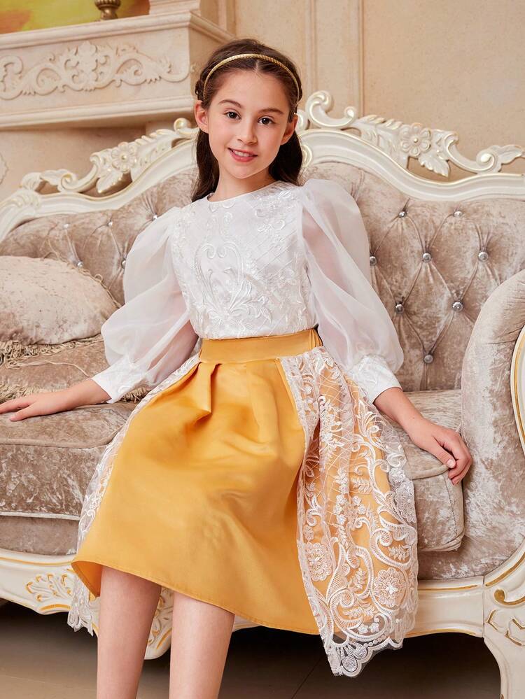 Tween Girl Cute Lace & Organza Splice Round Neck Shirt And Skirt Set