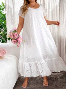 EMERY ROSE Plus Size Hollow Out Embroidery Ruffle Hem Dress Maxi Women Outfit