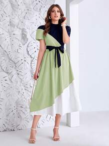 Modelyn Của phụ nữ Khối màu Đứng cổ áo Ống tay áo Đầm - màu xanh lá - Xem 3