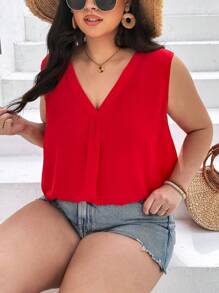 SHEIN CURVE+ بلوزة نسائية بدون أكمام وبياقة على شكل حرف V بلون سادة وجميع المقاسات - الأحمر - مشاهدة 7