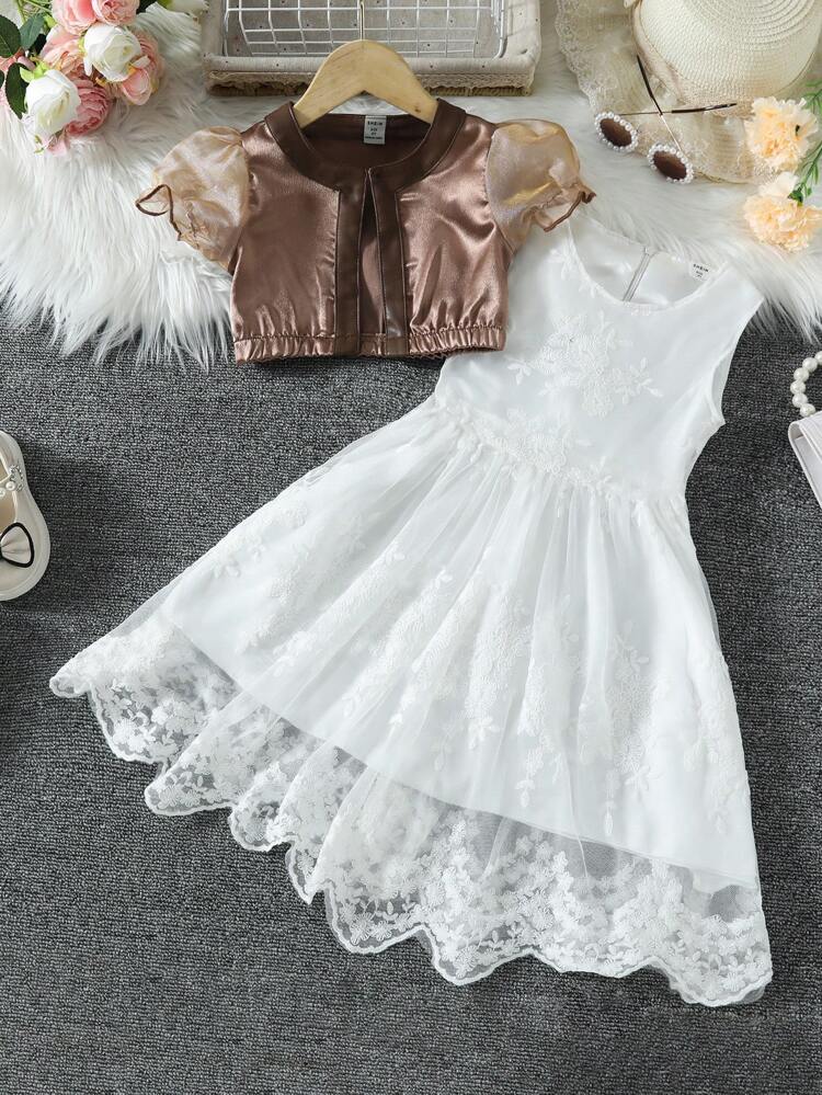 Young Girls' Fashionable Lace Dress And Puff Sleeve Top 2pcs/Set