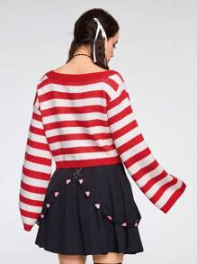 ROMWE Kawaii Women's Asymmetrical Neck Heart Striped Pullover Sweater - Red - View 3