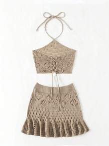 SHEIN Swim 女式單色中空針織遮陽衣套裝 - 駝色 - 查看 6