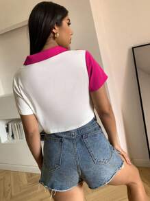 Zolique 女士拼色翻领短袖衬衫、短袖上衣 - 彩色 - 查看 2