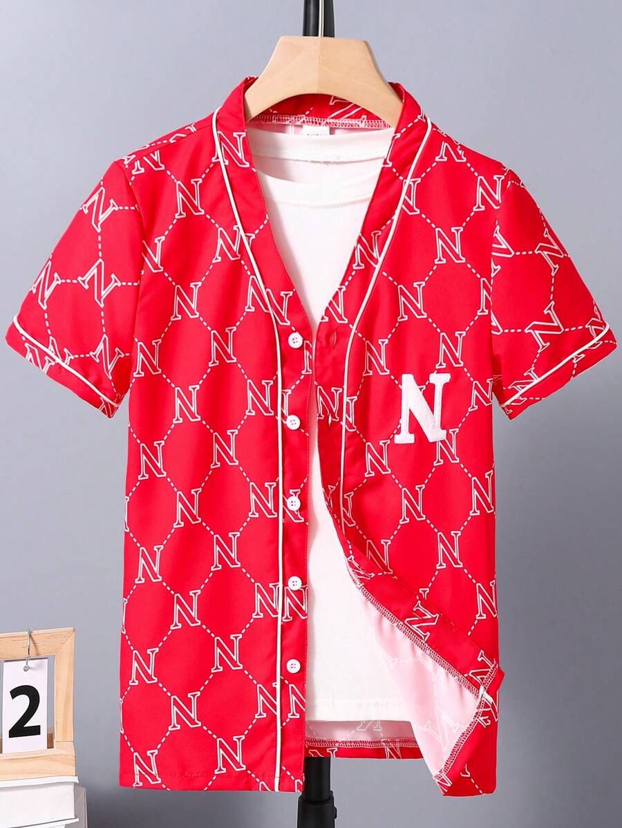 SHEIN Tween男孩時尚酷炫的春夏短袖襯衫,印有字母圖案 - 彩色 - 查看 1