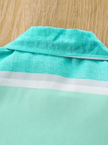SHEIN Young Boy Color Block Striped Shirt And Solid Color Shorts Set - Green - View 7