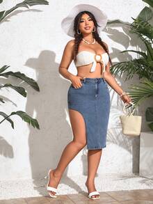 SHEIN VCAY Chân váy denim viền bất đối xứng cỡ lớn - Rửa trung bình - Xem 6
