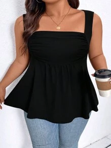 SHEIN LUNE 夏季大尺碼女士打摺方領背心 - 黑色 - 查看 4