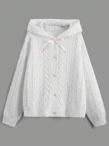 ROMWE Kawaii Himekaji Cable Knit Drop Shoulder Hooded Cardigan, School - White - View 1