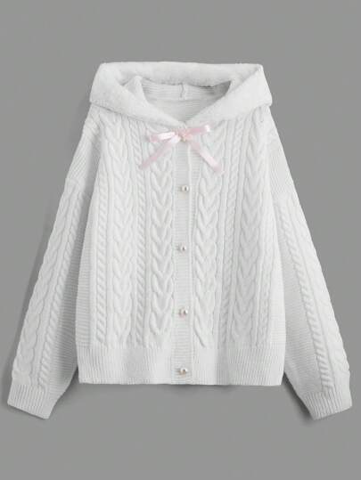 Kawaii Himekaji Cable Knit Drop Shoulder Hooded Cardigan, School