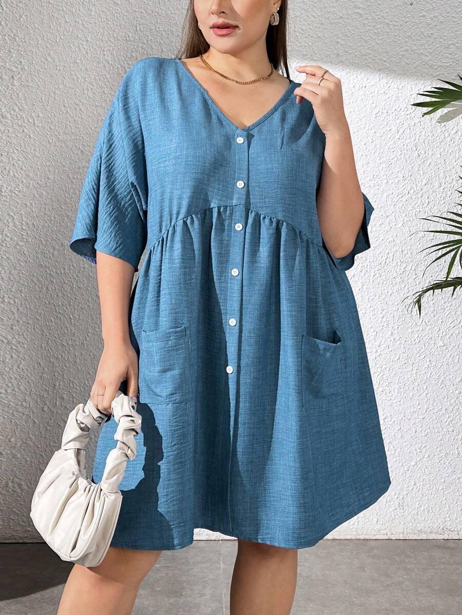 SHEIN Essnce 女式大碼假日日常穿著收腰藍色麻質連衣裙 - 藍色 - 查看 1