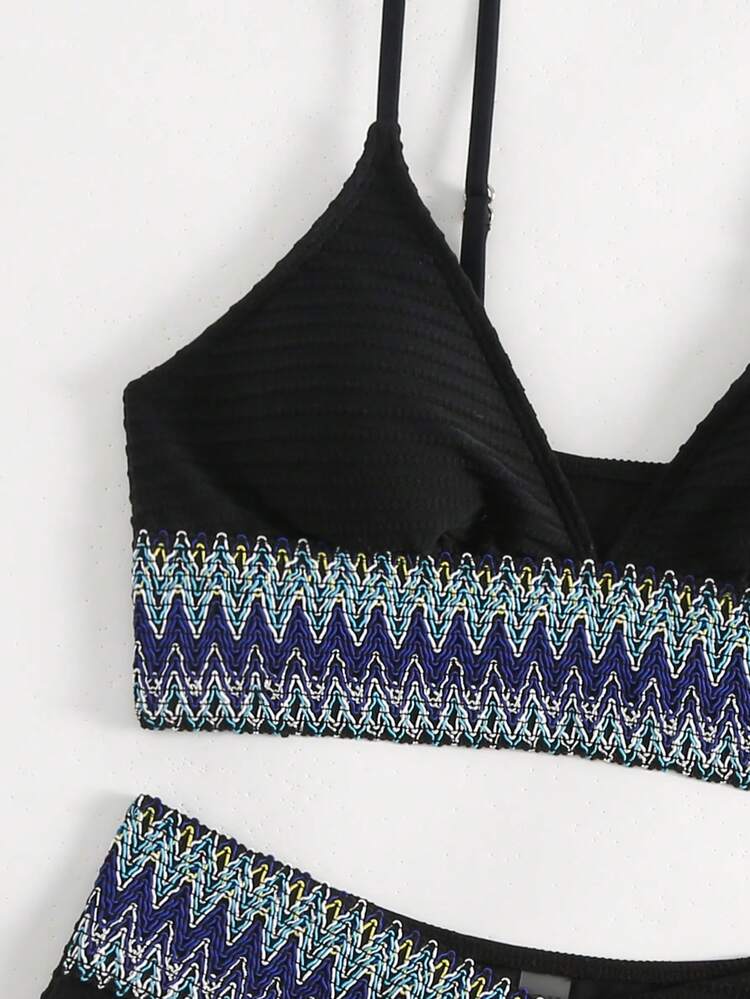 Summer Women's Shirred Weave Belt Spliced Swimwear Set
