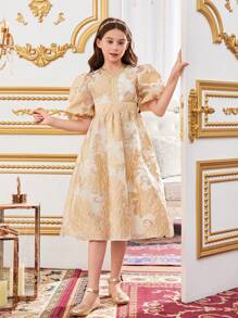 SHEIN Váy cổ chữ V quyến rũ cho bé gái Tween với váy chữ A định hình eo - Vàng - Xem 5