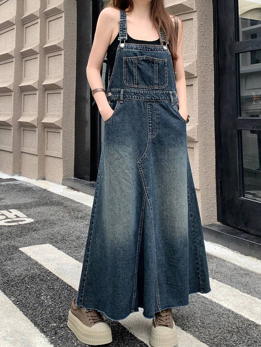 DAZY Loose-Fit Washed Denim Overall Dress With Patch Pockets - Dark Wash - View 1