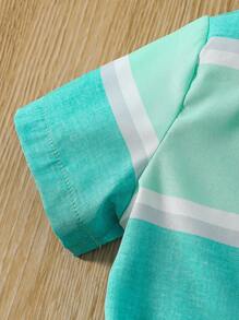 SHEIN Young Boy Color Block Striped Shirt And Solid Color Shorts Set - Green - View 6