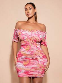 SHEIN BAE Robe Plissée À Imprimé Marbré Et Épaules Dénudées Pour Femmes De Grande Taille