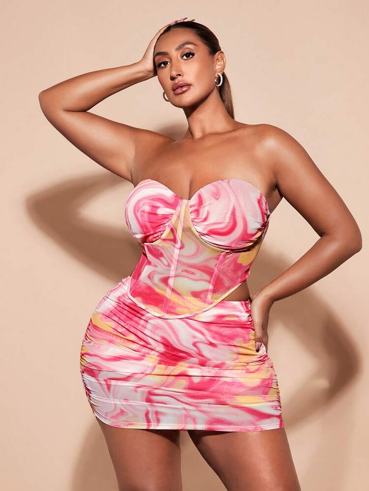Plus Size Tie Dye Print Strapless Top And Skirt Set