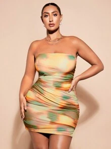 SHEIN BAE Vestido mini con pliegues y estampado de teñido anudado para mujer de talla grande, para verano, vestidos de cumpleaños para mujeres - Multicolor - Ver 1