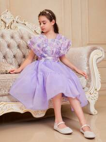 SHEIN 適合青少女的可愛優雅短袖提花花朵襯衫和A字裙套裝 - 紫色 - 查看 2