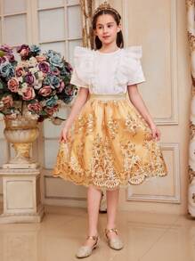 SHEIN Tween Girl Elegant Organza Ruffle Trim Blouse & Embroidered Mesh A-Line Skirt Two Pieces Set - Gold - View 2